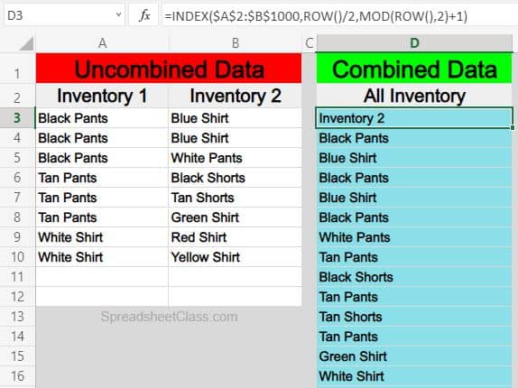 An example of how to combine columns vertically in Excel (stack columns) with a formula. Method 1 with alternating between columns for each row