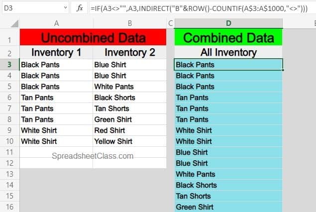 An example of how to combine columns vertically in Excel (stack columns) with a formula. Method 2 with listing one column before switching