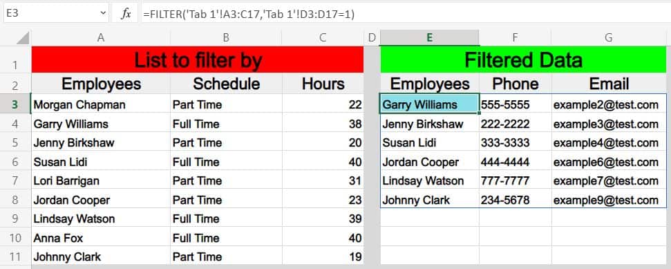 Example of how to filter a range by an array from another sheet in Excel- List to filter by and formula on same sheet (Tab 2)