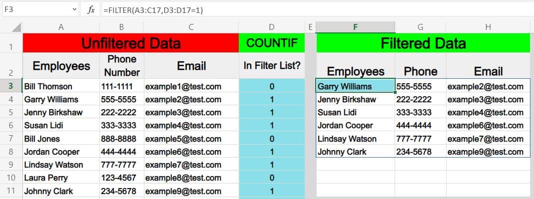 Example of how to filter based on a list from another sheet in Excel- Unfiltered source data and formula on the same sheet (Tab 1)