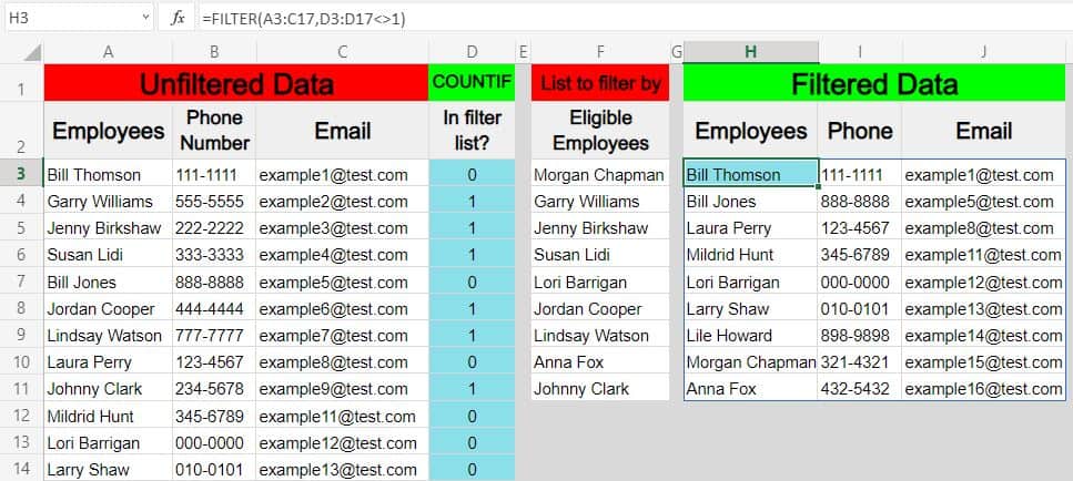 An example of how to filter based on a list in Excel, where the criteria is NOT found in list (FILTER function)