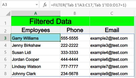 Example showing how to filter by a list from another sheet in Excel- Formula on tab 3