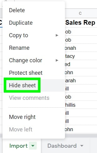 Example of how to hide a tab in Google Sheets