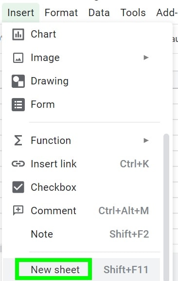 An example of how to insert a new sheet in Google Sheets (Alternative menu option)