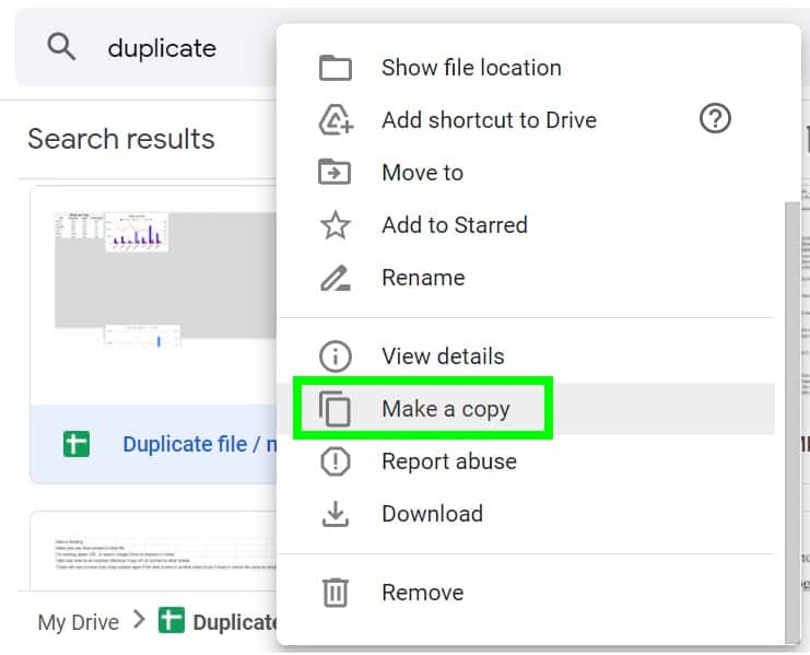 Example of how to make a copy of a file (duplicate file) in Google Sheets. Method 2 in Google Drive, after right-clicking