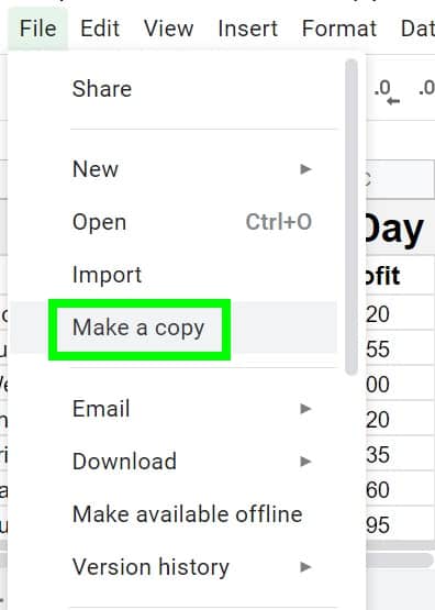 Example of how to make a copy of a file in Google Sheets. Method 1 within a workbook under the "File" menu