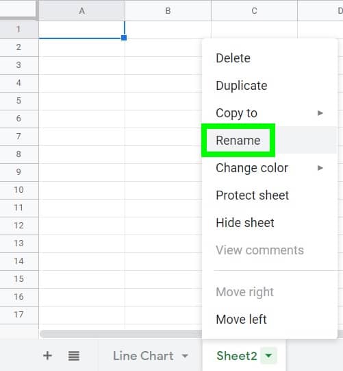 A detailed example of how to rename a tab in Google Sheets