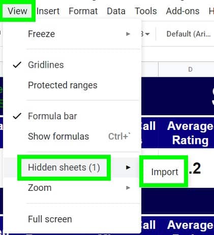 Example of how to unhide a tab in Google Sheets