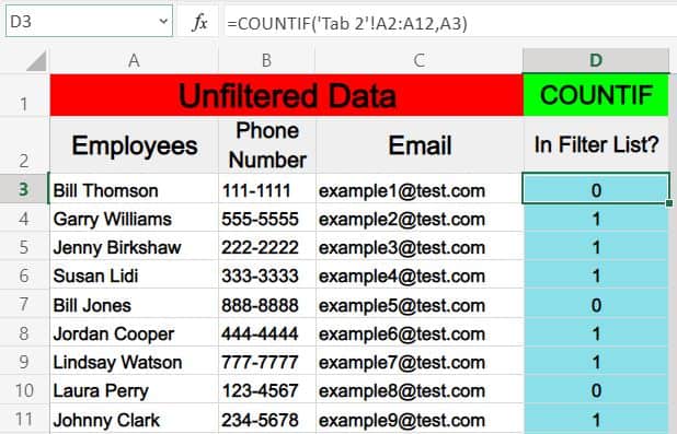 An example of the raw data and setting up the method for filtering based on a column from another sheet in Excel with the COUNTIF function