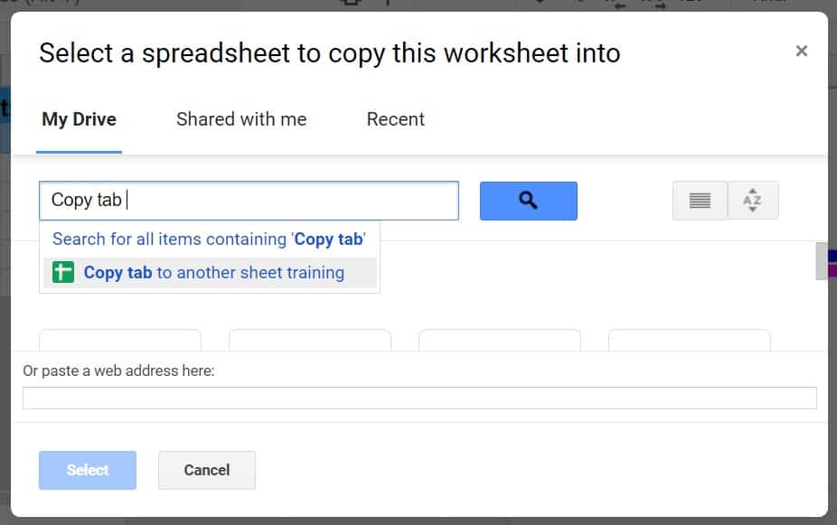 Screen that shows how to select a worksheet to copy this worksheet into