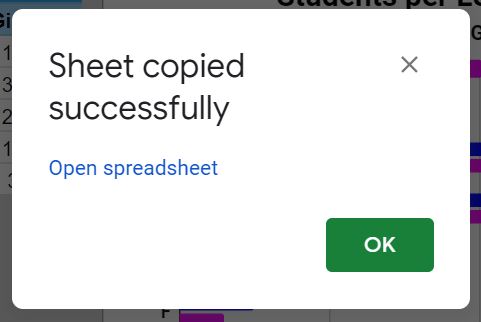 Notification showing "Sheet copied successfully"
