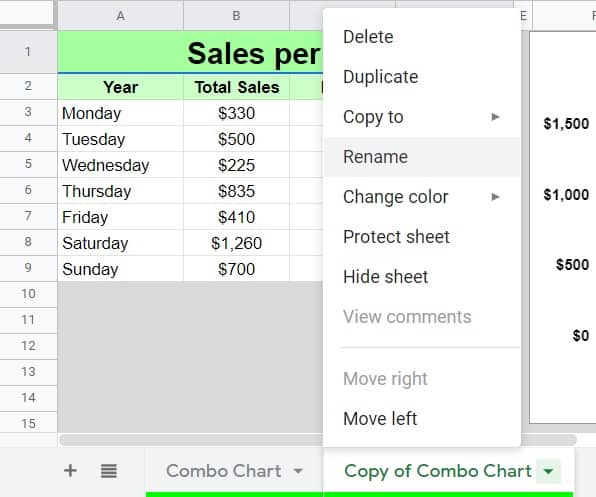 A simple example that shows using the menu option to rename a tab in Google Sheets