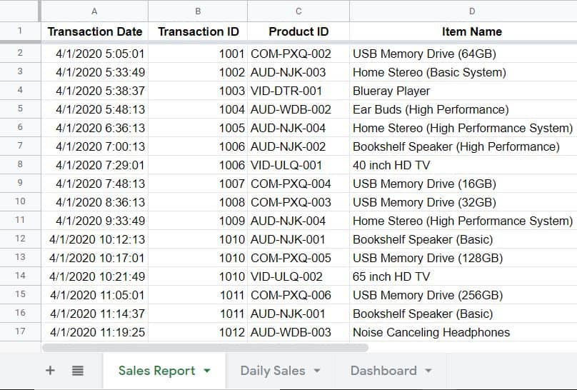 A tab with raw data before changing tab color in Google Sheets