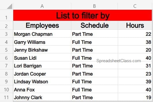 Example of the list to filter by on another tab when filtering based on an array from another sheet in Excel (Tab 2)