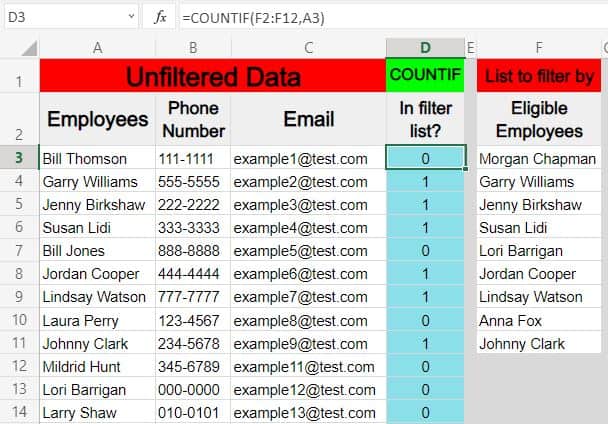 An example of using the COUNTIF function to setup the method for filtering based on a list in Excel