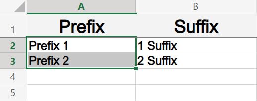Example of how to create a series of values that have a prefix or suffix in Excel- Cell selection before dragging the fill handle