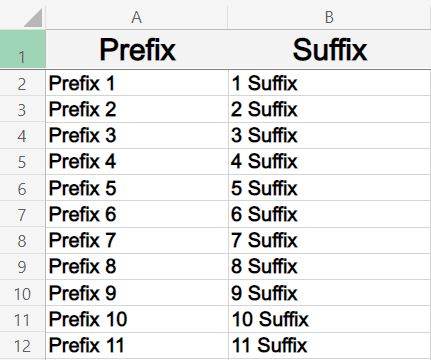 Example of how to create a series of values that have a prefix or suffix in Excel- Full list after dragging fill handle