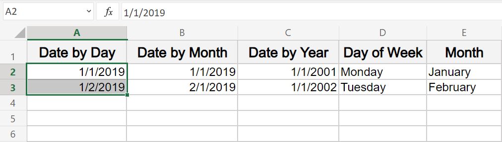 Example of how to fill in dates in Excel- Cell selection before dragging the fill handle