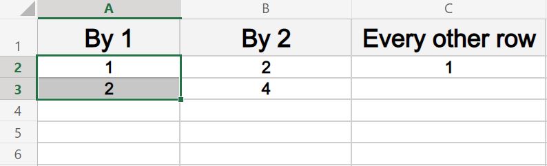 Example of using Autofill with numbers in Excel- Cell selection before dragging the fill handle