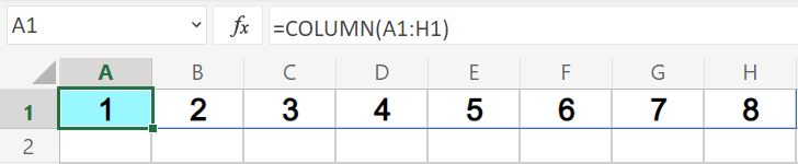 Example of using the Excel COLUMN function with an array to create a horizontal list of numbers with a single formula