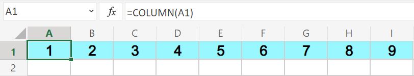 Example of using the Excel COLUMN function with fill right to create a horizontal numbered list where a formula is in each cell