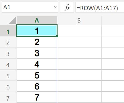 Example of using the Excel ROW function with an array to create a list of numbers with a single formula