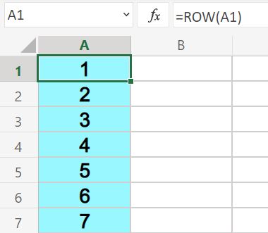 Example of using the Excel ROW function with fill down to create a numbered list where a formula is in each cell