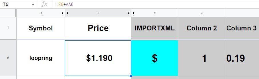 An example of adding two cell values together to get the crypto price, when the Google Sheets IMPORTXML formula returns multiple columns from a single website element