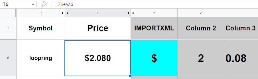 An example of adding cells together when the IMPORTXML formula returns multiple columns for a single element