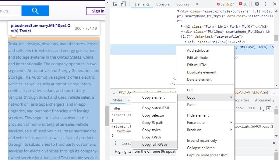 An example of copying the XPath of an element on a webpage, and a demonstration of how when the cursor hovers over the code of an element the element will be highlighted on the webpage