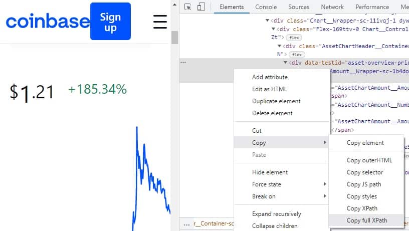 An example of copying the XPath of the correct element that contains the price for the cryptocurrency