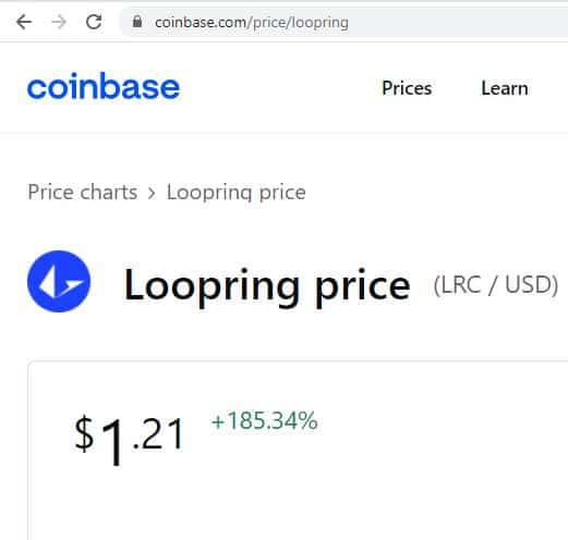 An example of cryptocurrency price quote website page with URL at the top