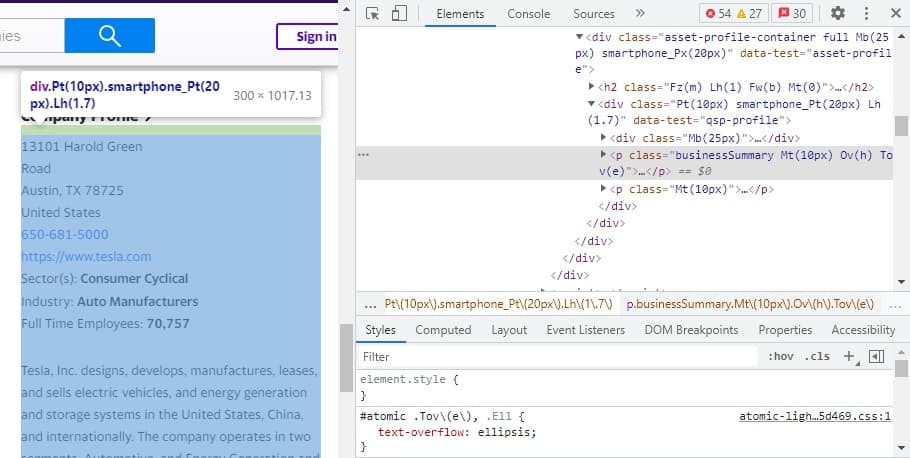 An example of dragging and hovering the cursor over different blocks of code and different elements on a webpage to see the structure of webpages (part 2) where a larger container is highlighted