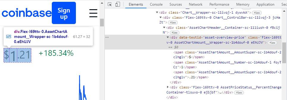 An example of dragging the cursor to highlight the correct element for web scraping with the IMPORTXML function to pull crypto prices in Google Sheets