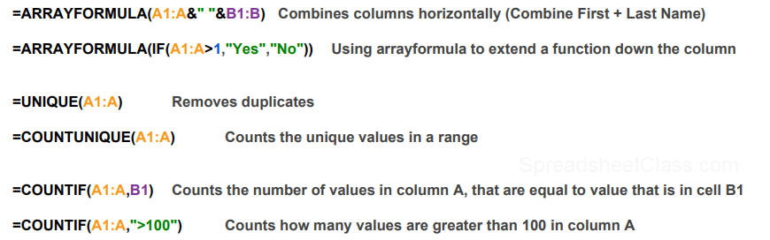 An example of the formulas that are included in the Google Sheets cheat sheet by SpreadsheetClass.com