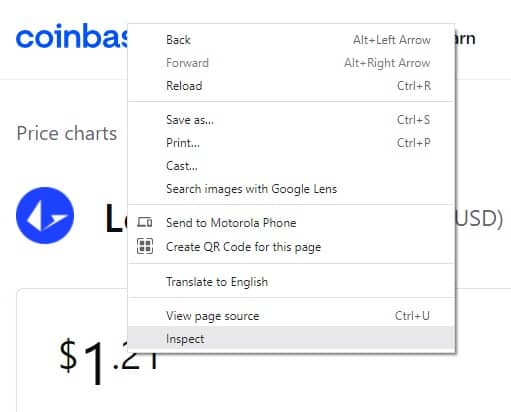 An example of hovering the cursor over the crypto price element and then clicking "Inspect"