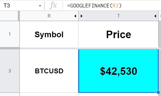 An example of how to pull cryptocurrency prices into a Google spreadsheet by using the GOOGLEFINANCE function