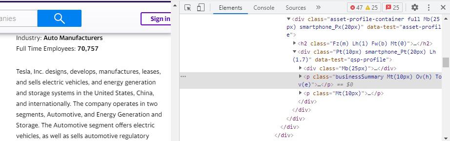 An example of inspecting website element code, where the code is highlighted for the element that was right clicked and inspected