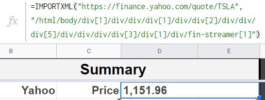 An example of pulling stock price with the IMPORTXML function