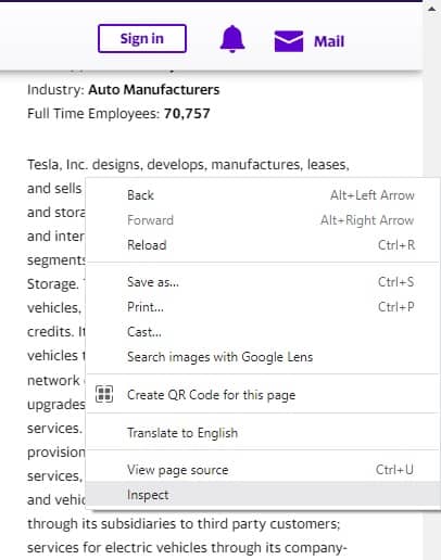 An example of right clicking and inspecting an element on a web page