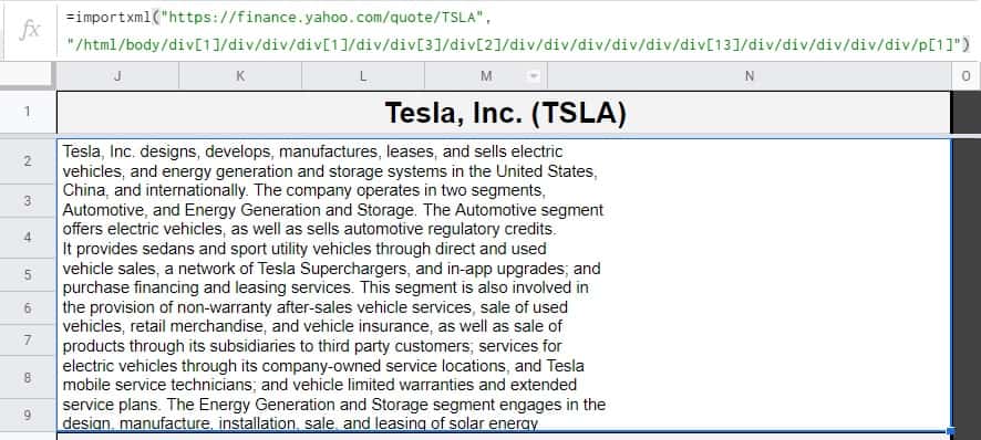 Example of the Google Sheets IMPORTXML function: Pulling data from a website via web scraping (Pull the business description from stock a quote website)