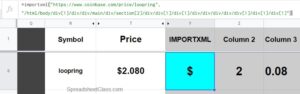 An example of the Google Sheets IMPORTXML function: Pulling data from a website via web scraping (Example of pulling crypto price where single element contains multiple columns)