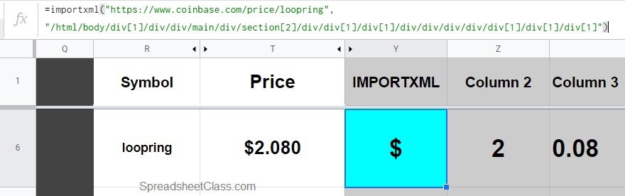 An example of the Google Sheets IMPORTXML function: Pulling data from a website via web scraping (Example of pulling crypto price where single element contains multiple columns)