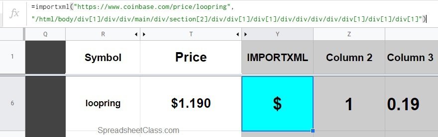 Example of pulling cryptocurrency prices with the IMPORTXML formula in Google Sheets