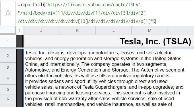 Zoomed in version of the example image for Google Sheets IMPORTXML function: Pulling data from a website via web scraping (Business description from stock quote website)