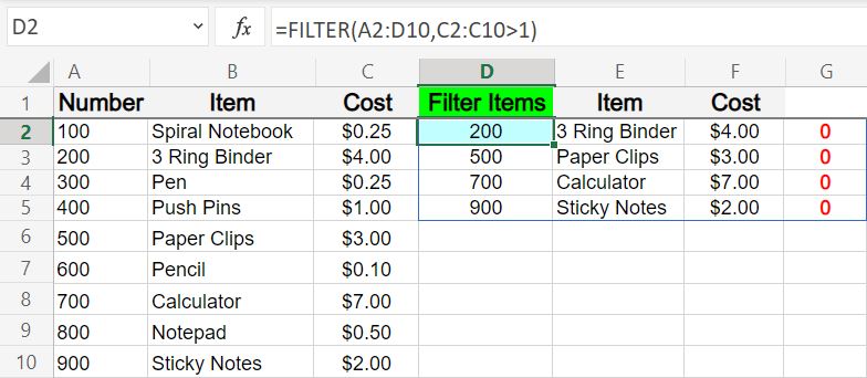 Example of fixing a circular reference in Excel- part 1- School supplies incorrectly filtered by price (Overlapping filter range)