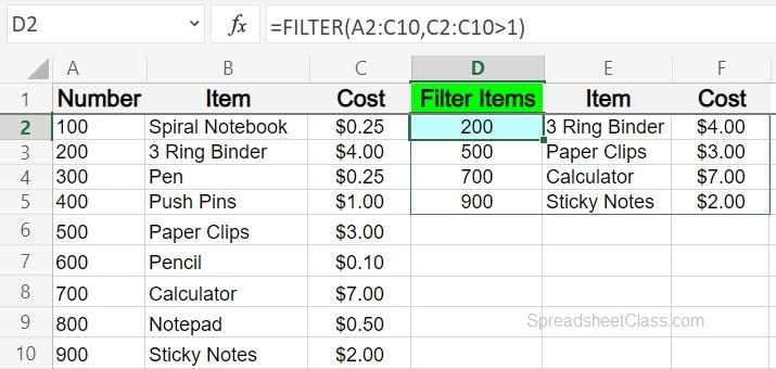 Example of fixing a circular reference in Excel part 2- School supplies correctly filtered (Filter range fixed)