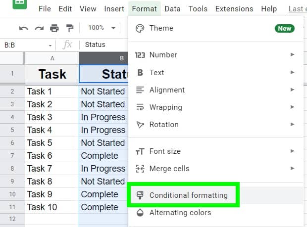 Example of coloring drop-downs based on cell value with conditional formatting in Google Sheets. Opening the conditional formatting menu