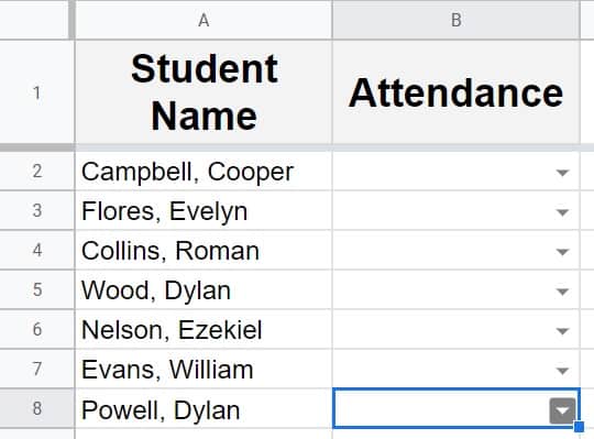 Example of copying a drop-down to another cell and down the column in Google Sheets, pasted drop-down. Copied and pasted data validation