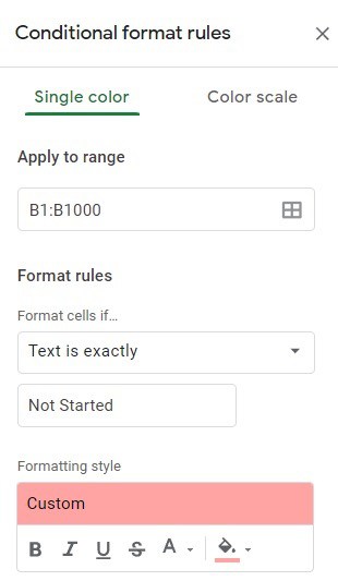 Example of creating a conditional formatting rule to color the drop-down cells automatically in Google Sheets